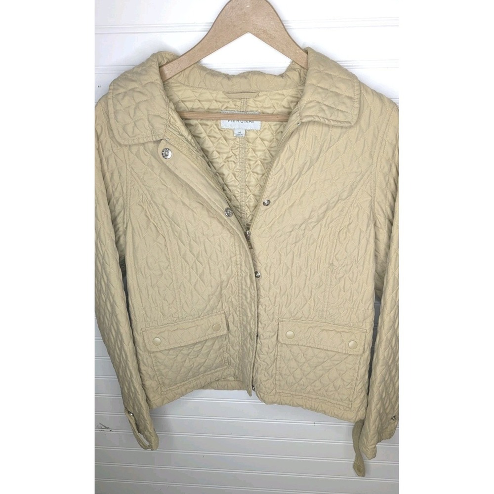 Merona Womens Medium Jacket Lightweight Tan Diamond Quilt Full Zip Snap Buttons